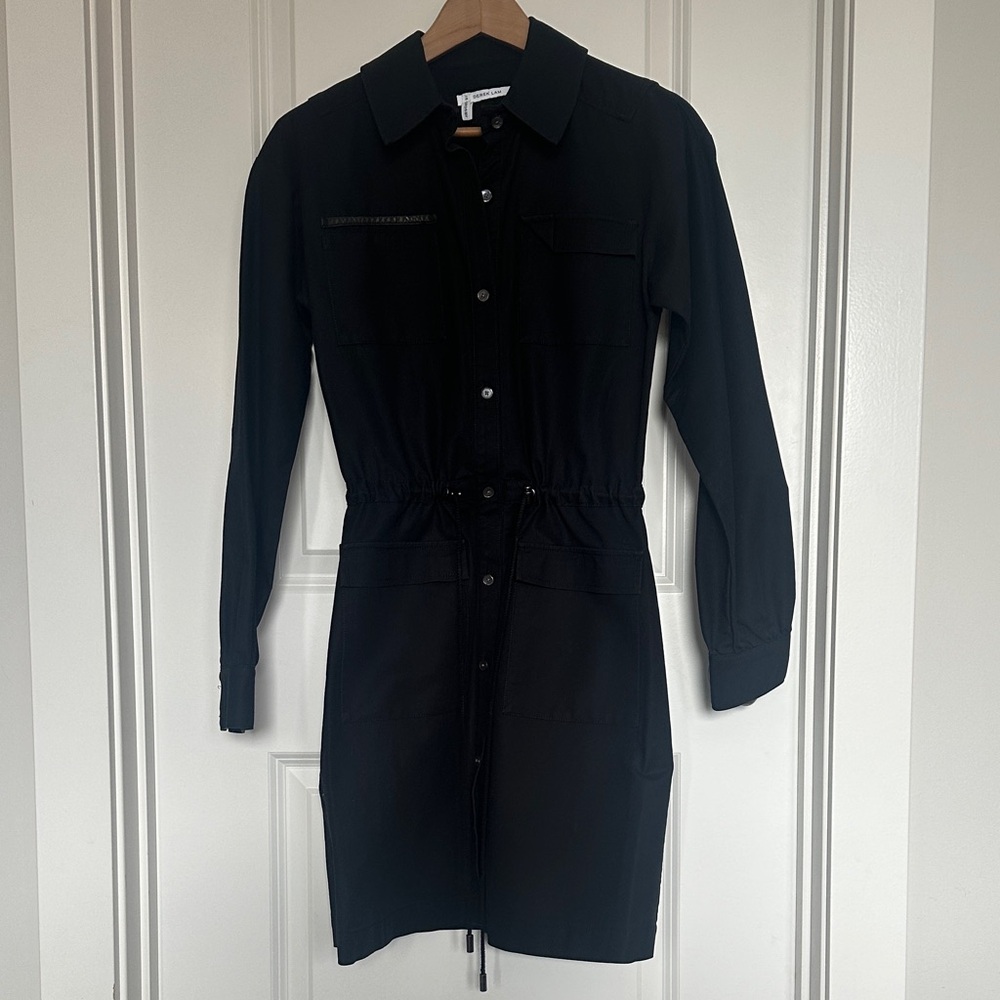 Derek Lam Black Long-Sleeve Drawstring Shirt Dress